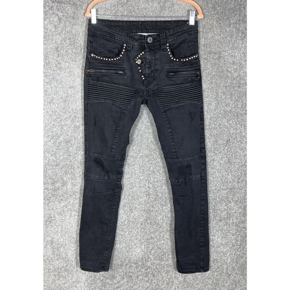 Elite‎ Rhinestone Studded Distressed Moto Jeans Mens Size 30x32 Stretch Black - Picture 1 of 16